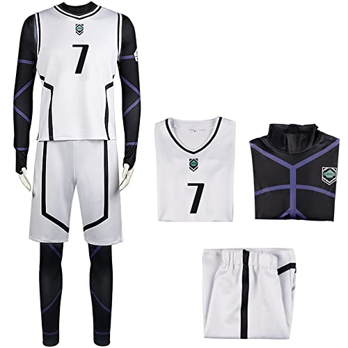 Huktcy Adult Men Blue Lock Cosplay Blue Lock Jersey Isagi Yoichi Bachira Meguru Cosplay Costume Halloween Outfits (Medium,No.7 Seishiro Nagi white)