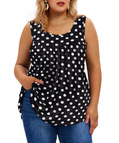 TIYOMI Plus Size Women's Black Polka Dots Tank Tops 2X Crewneck Tops Summer Pleated Dressy Camisole 2XL 18W 20W