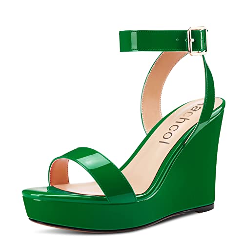 Image of Aachcol Women Platform Wedge Sandals Round Peep Open Toe Ankle Strap Slingback Two-Piece Chunky Block High Heel Dress Shoes Pumps Party Patent 4 Inch