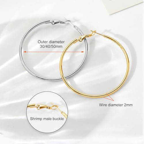 Silver Gold Two Tone Big Hoop Earrings for Women | 14K Real Gold Plated Hypoallergenic Large Womens Golden Hoops Earrings Set for Women 3 Sizes (30/40/50mm)3