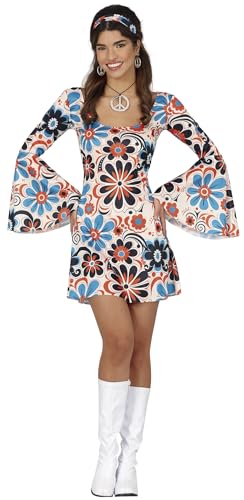 FIESTAS GUIRCA Flower Hippie Fancy Dress Women - 70s Short Hippie Dress Outfit with Flower Pattern & Hippie Headband - 60s Disco Fancy Dress Costumes for Women Size L