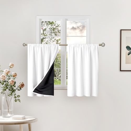 BGment White Short Blackout Curtains for Small Window 36 Inch Long, Thermal Insulated Curtains for Bedroom Loft Bathroom Basement Kitchen Soundproof Rod Pocket Cafe Curtains, 2 Panels, 42 Wide
