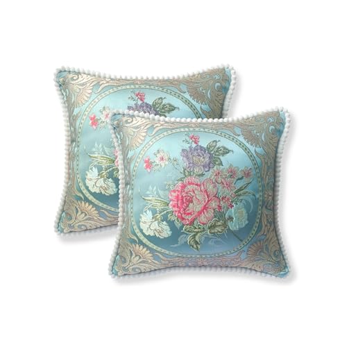 MiGuoLeyu Fundas Cojines 50x50 cm Juego de 2, Fundas Decorativas Jacquard Una Cara Vintage Floral para Sofá Salón Dormitorio Transpirables y Resistentes a Arrugas Azúl