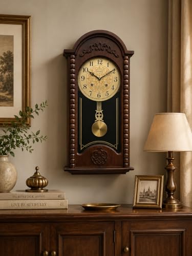 Image of Premium Wooden Pendulum Wall Clock with Musical Chime, Golden Dial with Arabic Numerals, Silent Sweep Quartz Movement, Decorative Brown Finish, Battery Operated Wall Clock (27.5 x 14 x 3.5 Inches)