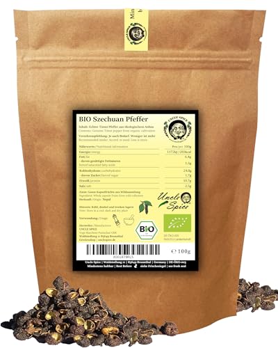 UNCLE SPICE® BIO Szechuan Pfeffer, Timut-Pfeffer - 100g Szechuanpfeffer - Premium-BIO-Qualität - aus Nepal, ganze handgepflückte Pfefferbeeren, echte Wildsammlung, Grapefruitpfeffer DE-ÖKO-005