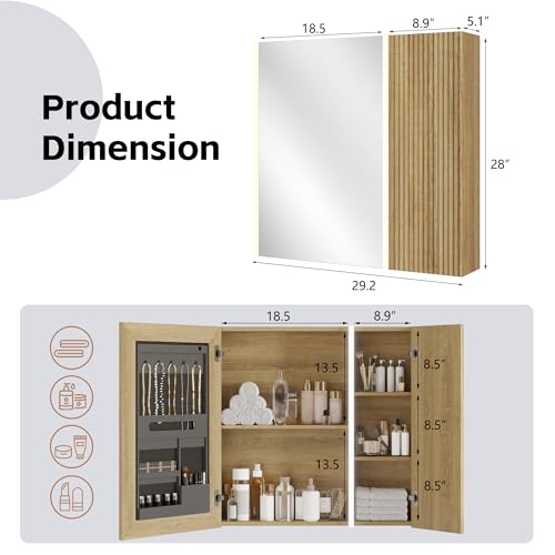Armario de baño iluminado con espejo, 30 x 28 pulgadas, armario de pared para baño con almacenamiento, luces LED, estantes ajustables, color natural miniatura 2