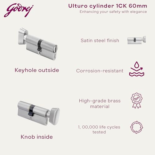 Image of Godrej Cylinder | Europrofile Ulturo XL+ | 1CK 60mm | Satin Steel Finish | Door Thickness Upto 40mm | 4 Keys