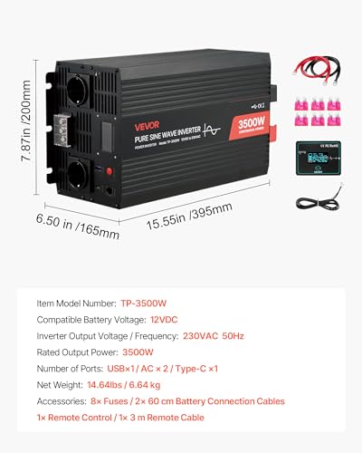 VEVOR 3500 W Wechselrichter, 12 V DC auf 230 V AC, Reiner Sinus-Wechselrichter, Solar-Autoladegerät-Konverter mit LCD-Display, Fernbedienung, USB-Anschluss, 2 AC-Steckdosen, Typ-C-Anschluss