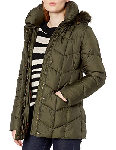 LARRY LEVINE Women's Chevron Quilted Puffer W/Pillow Collar & Detachable Faux-Fur Trimmed Hood, Dark Olive, Large