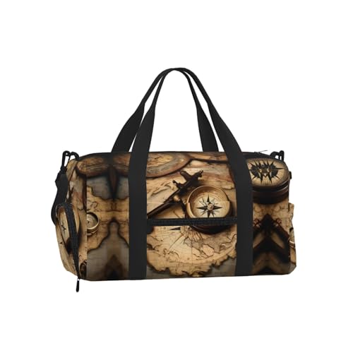 Bolsa cruzada de mano con diseño de brújula y acabados detallados de mapa antiguo