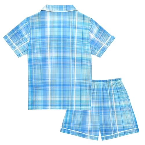 Unisex Plaid Pajamas Satin Silk Button Down Sleepwear Summer 2 Piece Set Lounge Wear2
