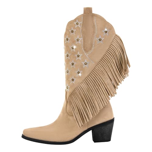 richealnini Mid Calf Fringe Cowboy Boots Glitter Rhinestone Western Cowgirl Boots with Tassel Pull On Stacked Heels Prom Wedding Shoes Dressy