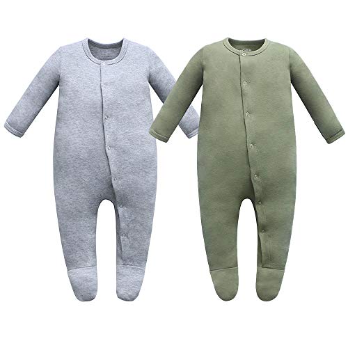 Owlivia Unisex-Baby Organic Button Cotton Sleep N Play Pajamas, 2 Pack Long Sleeve Footed Overall, Boys Girls' Sleeper (Newborn, Dark Grey Melange & Olive Green)