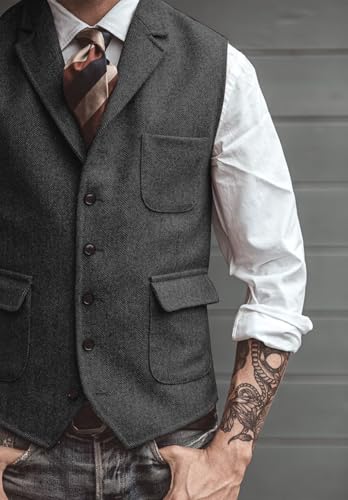 Mens Suit Vest Lapel Herringbone Tweed V Neck Waistcoat Business Formal Sleeveless Jacket3