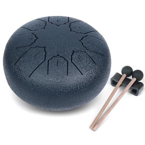 MUSCELL Steel Tongue Drum 6 Inches 8 Notes, Hand Drum with Bag, Music Book, Drumsticks, Mallet Holder and Finger Paddles, Thickened Carbon Steel, Continuous Echo for Meditation or Yoga (Navy Blue)