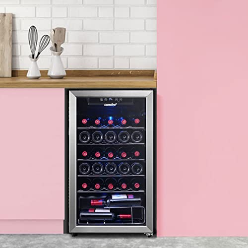 Image of COMFEE' CRW29S3AST Freestanding Wine Cellar, 29 Bottle Wine Cooler Refrigerators, Quiet Operation Compressor, Glass Door Stainless Steel Frame For Red&White Wine&Beer,Black