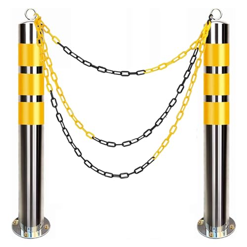 Dissuasori di parcheggio per vialetto, Confezione da 2 paletti segnaletici con Nastro Riflettente Giallo, Coni stradali con barriera a Catena in plastica e Ganci a S (800 mm A x 76 mm P (31,5 Pollici