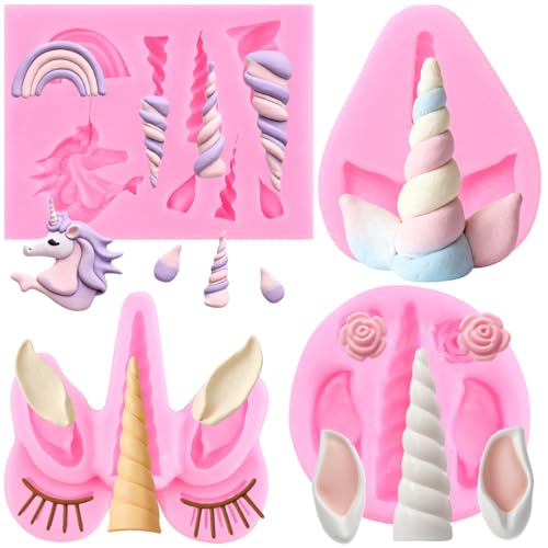 ZiXiang Unicorns Silicone Molds Unicorns Horn Ears Eyelash Rainbow Rose Flower Fondant Mold for Cake Decorating Cupcake Topper Chocolate Candy Polymer Clay Gum Paste Set Of 4