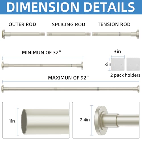 Image of CorkLatta Nickel Shower Curtain Rod,1 Inch Diameter Stainless Steel Adjustable Spring Tension Rods 32 to 92 inch,with Holders,Anti-Slip,Curtain Rods No Drilling(1 Pack)