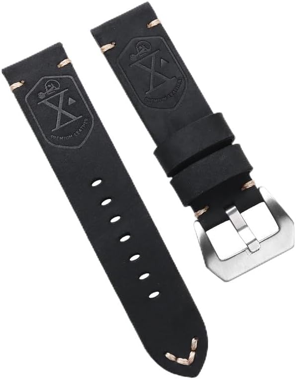 Handmade First Layer Cowhide Watch Strap for Panerai PAM Watchband 20mm 22mm 24mm 26mm Vintage Soft Leather Strap Men's Bracelet (A-Black, 20mm)