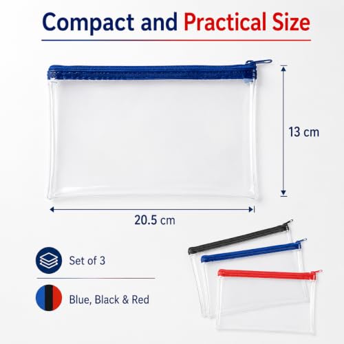 1ABOVE Lot de 3 Trousses à Crayons Transparentes avec Fermeture éclair pour l'école, la Maison, Le Bureau et Les Voyages - Bleu, Noir et Rouge - 20 x 12,5 cm, Noir/Bleu/Rouge, Trousse Transparente – vue 3