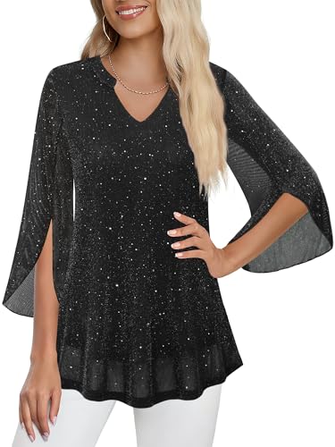 Tencole Womens 3/4 Ruffle Sleeve Sparkly Tops Sequin V Neck Blouses Dressy Casual Fall Shirts2