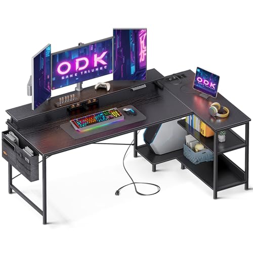 ODK Escritorio Esquinero L con Estantería y Soporte de Monitor 168x80cm