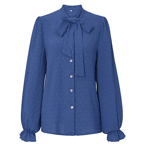 Women's Polka Dots Blouse Long Sleeve Button Down Shirt Casual Work Office Blouse Top Blue #TOP4