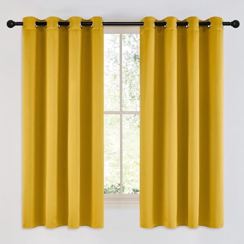 NICETOWN Room Darkening Gold Curtains 63 inch Length 2 Panels - Grommet Top Sound Reduction Privacy Faux Silk Satin Thermal Drapes for Bedroom/Living Room, W52 x L63