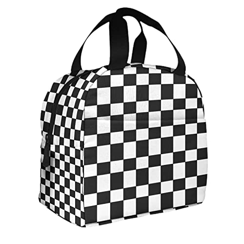 Zoczos LUNCH-BAG-H240 Checkered Pattern Reusable Lunch Bag Black And White Plaid Geometric Squares Pattern Lunch Organizer Box cover