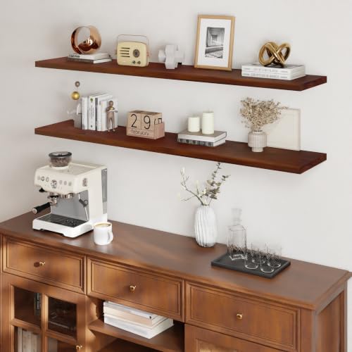 Image of 48 Inch Long Floating Shelf for Wall, 2 Tier Solid Wood Floating Book Shelf,Walnut Large Wall Shelf with Heavy Duty Brackets,Floating Bookshelf for Living Room