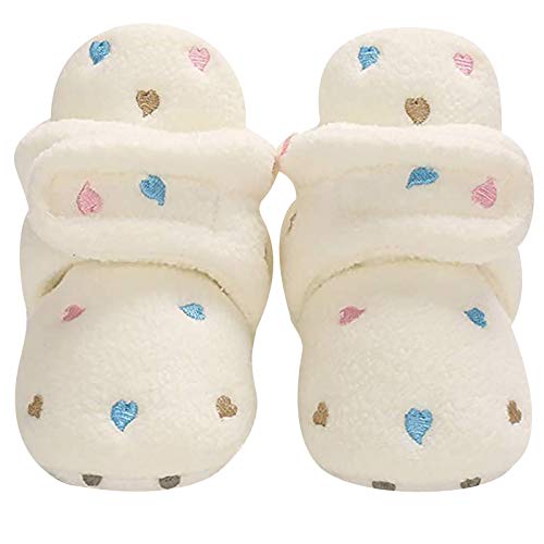 BILIKEYU Newborn Baby Cotton Shoes Cute Heart Fuzzy Soft Infant First Walking Shoes with Adjustable Strap 0 to 12 Months, White, One Size Infant