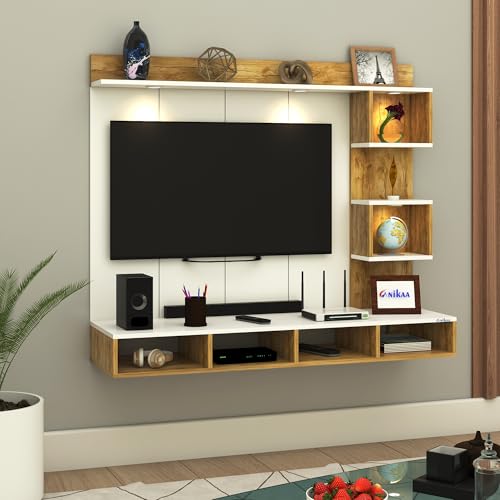 Image of Anikaa Kirina Engineered Wood Wall-Mount TV Unit with PVC Back Panel & LED Lights | TV Cabinet with Storage Box & Decorative Shelves (Gaintwood /White) ? Ideal for TVs up to 40 Inch | DIY Installation