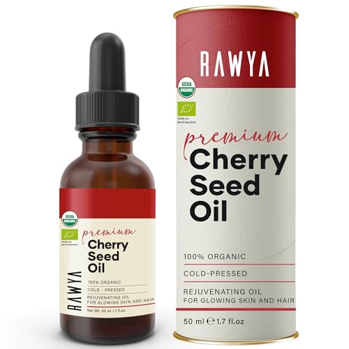 RAWYA Cherry Oil - Cold-Pressed - Vitamin E - Unrefined - Mild for All Skin and Hair Types - Non GMO, Vegan - Premium Cherry Extract - Daily Moisturizer - Glass Bottle for Potent Nutrients - 1.7 Oz
