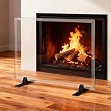 Premium Tempered Glass Fireplace Screen,24' H x 36' W Clear Glass,Fireplace Glass Screen High Temperature Resistant with Metal Black Base for Indoor Fireplaces