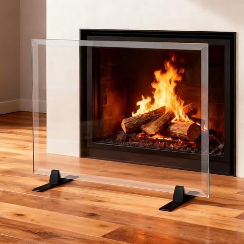 Premium Tempered Glass Fireplace Screen,24" H x 36" W Clear