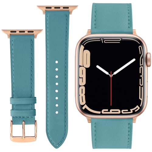 ONET8O Leather Strap Compatible with Apple Watch 42mm 44mm 45mm 49mm Replacement Genuine Leather Bands for iWatch Series Women and Men Watch Wristband (42mm 44mm 45mm 49mm) Lake Blue