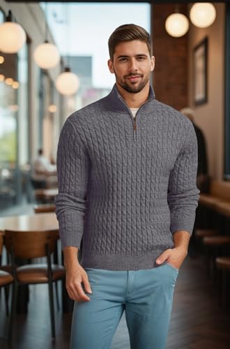 Askdeer Men's Quarter Zip Pullover Sweater Cable Knit Mock Neck Polo Sweater Classic Casual Sweater with Ribbing Edge2