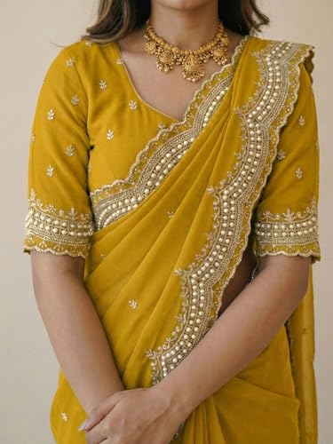 Image of SIRIL Women's Shimmer Georgette Scalloped Border Sequins Embroidery Saree with Unstitched Blouse Piece