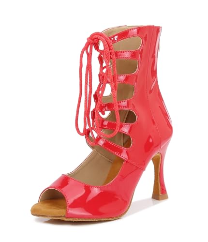 LITNERMIA Mujer Cordones Moderno Peep Toe Jazz Danza latina Club Fiesta Excavar Tobillo Botas, Afm0602 Rojo, 41.5 EU