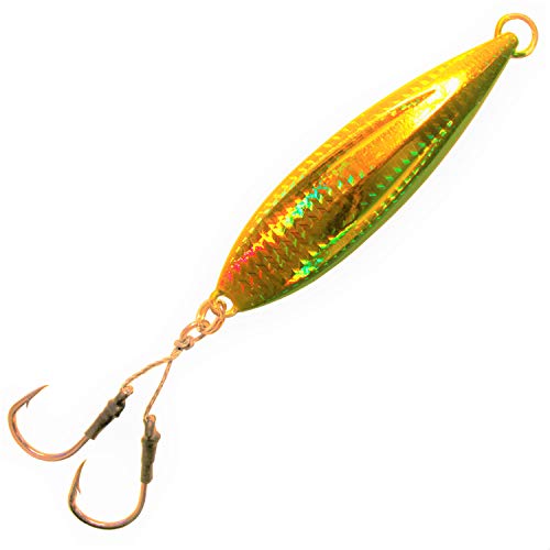 Calissa Offshore Tackle Fast Fall Jig 80g 150g 250g 300LBS Assist Hooks 3/0 Butterfly - Vertical Jig Speed Lure Slow Pitch Flat Glow Color Painted on Both Sides (Green Sardine, 250g) - Thumbnail 2