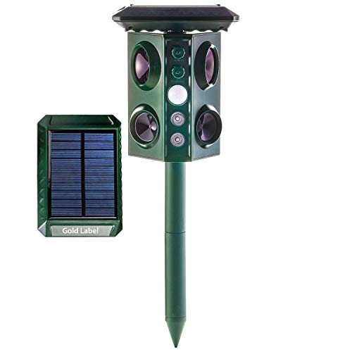 Gold Label Solar Power Ultrasonic Outdoor Waterproof Animal Repeller | Solar & Battery-Powered Pest Repellent Stakes with LED Lights & PIR Sensor | Repel Mole, Chipmunk, Gopher, Raccoon, Rabbit