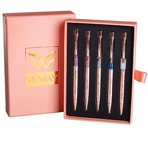 Veway - Luxury Pens for Women, 5 Glitter Rose Gold Writing Pens, Exclusive Pen Sets for Women Gift, Refillable Ballpoint Gift Set for Teachers, Executives & Special Occasions