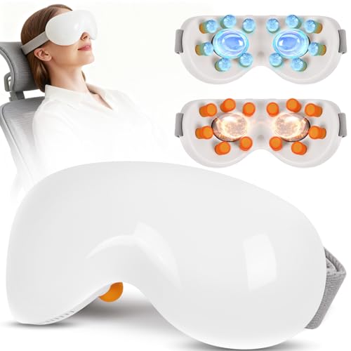 Eye Massager with Heat and Cooling for Migraines – 14 Massage Nodes for Eye Strain Relief, Rechargeable Bluetooth Music, Improve Sleep,Eye Strain Relief, Birthday Gifts for Women and Men(White)