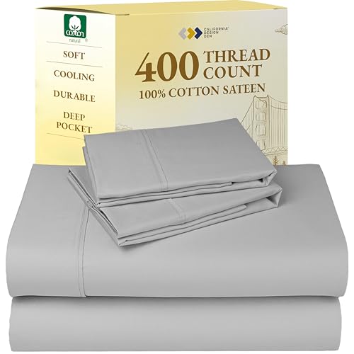 California Design Den Queen Sheets Set - Soft 400 Thread Count Sateen, Natural 100% Cotton Sheets, Deep Pockets with All Around Elastic for a Snug Fit, Durable Bedding Set - Light Grey