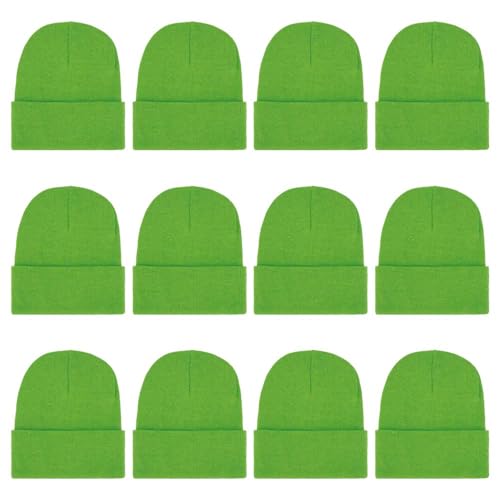 ZH 12-Pack Knitted Winter Beanie Hats for Men and Women Warm and Cozy Cuffed Skull Caps Bulk Purchase Neon Green