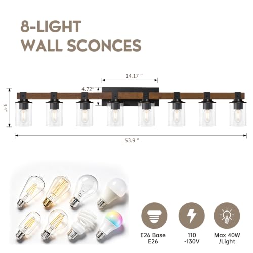 Image of 8-Light Farmhouse Vanity Light Fixture, Bathroom Wood Wall Light Over Mirror with Clear Glass Shade, Rustic Vintage Wall Sconce Lighting