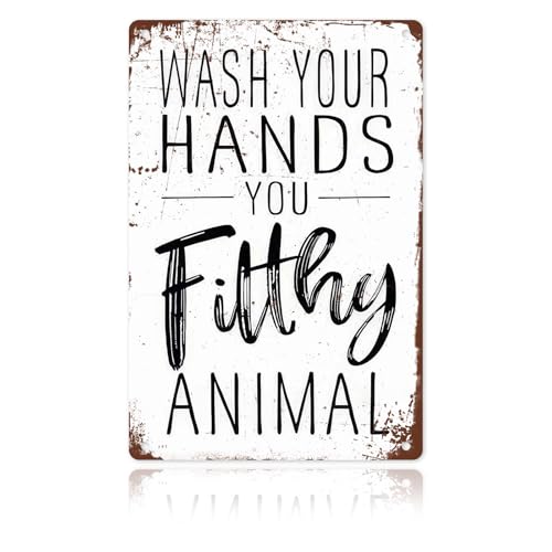 Funny Bathroom Wall Decor Metal Sign - Wash Your Hands You Filthy Animal, Humor Quote Gifts for...