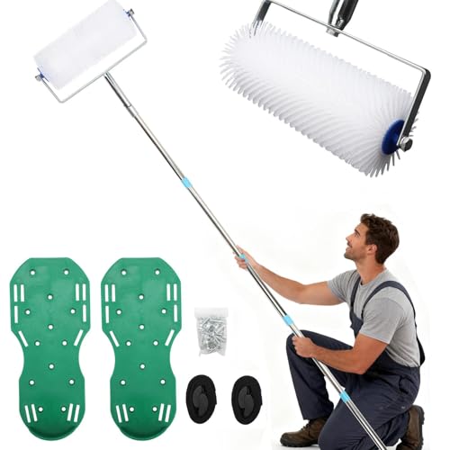 BigKing Kit d'outils pour ciment auto-nivelant, rouleau à bulles en poils en polyester de 9 in, tige télescopique de 77 in, chaussures clouées, pour...