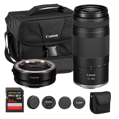 Canon RF 75-300mm f/4-5.6 Lens| Compact Telephoto Zoom with Versatile Focal Range & Smooth Autofocus| Great for Sports, Wildlife, & Everyday Photography (7155C002) + Adapter EF-EOS R + Bag + 64GB Card